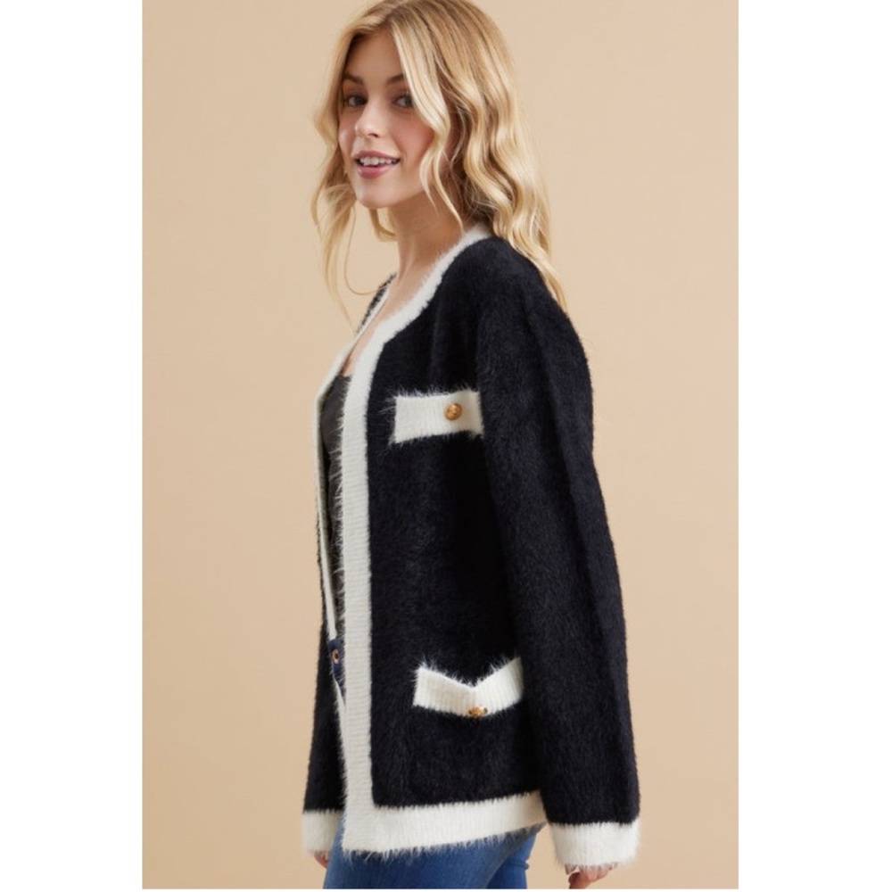 396 • White Trimmed Smooth Soft & Fluffy Eyelash Open Front Gold Button Cardigan